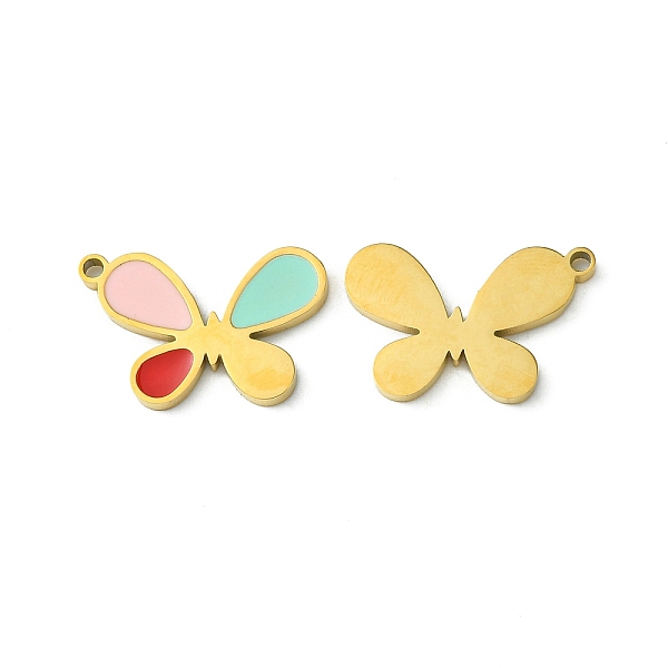 

PandaHall Ion Plating(IP) 304 Stainless Steel Manual Polishing Pendants, with Enamel, Butterfly Charms, Golden, 17.5x15x1.5mm, Hole: 1.2mm...
