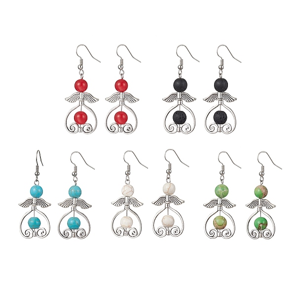 

PandaHall Natural & Synthetic Mixed Gemstone Round Beaded Dangle Earrings, Antique Silver Alloy Heart Fairy Drop Earrings, 55x19.5mm Mixed...