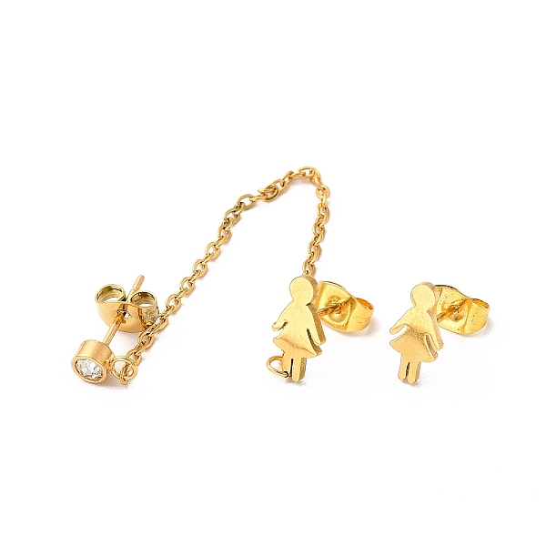 

PandaHall Vacuum Plating 304 Stainless Steel Dangle Chains Stud Earrings, Asymmetrical Earrings for Women, Golden, Girl Pattern, 90mm and...