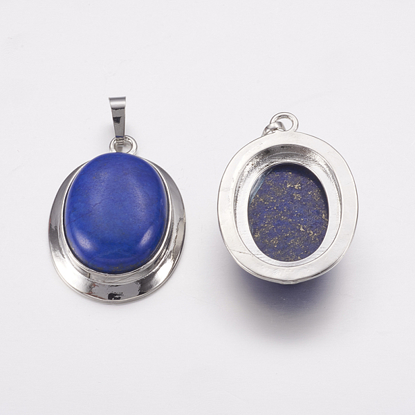 

PandaHall Natural Lapis Lazuli Pendants, with Platinum Tone Alloy Findings, Oval, 37x25x10mm, Hole: 4x8mm Lapis Lazuli Oval