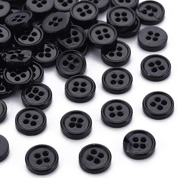 PandaHall 4-Hole Shell Buttons, Flat Round, Black, 9x2mm, Hole: 1.4mm Shell Flat Round Black