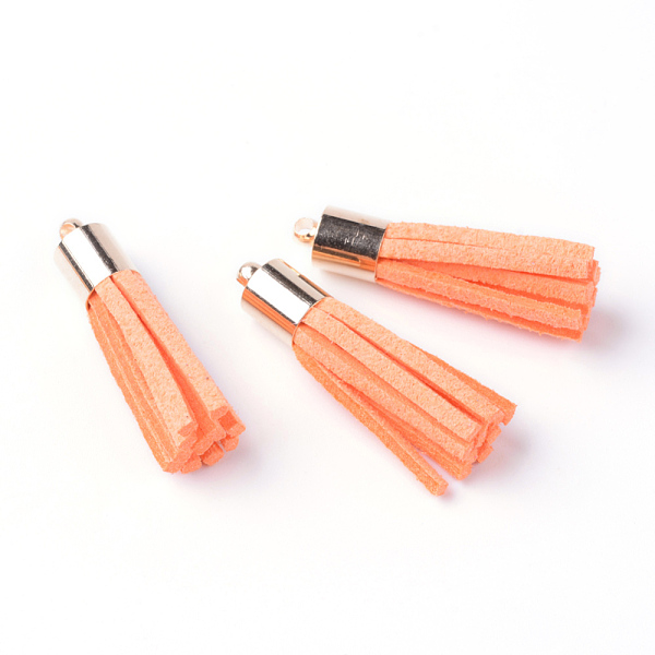 

PandaHall Faux Suede Tassel Pendant Decorations, with Brass Cord Ends, Golden, Orange Red, 33~34x7mm, Hole: 2mm Faux Suede Red