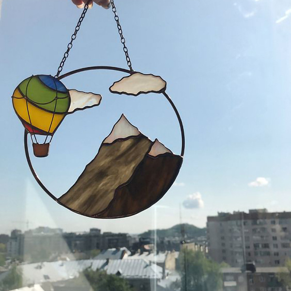 PandaHall Acrylic Pendant Decorations, Window Hanging Suncatcher, Flat Round with Mountain & Hot Air Balloon Pattern, Coffee, 150x2mm...