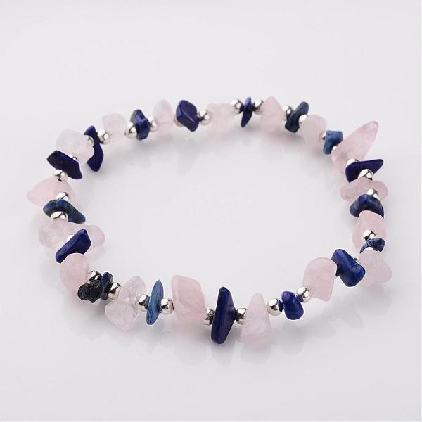 

PandaHall Gemstone Stretch Bracelets, with Iron Findings, Silver Color Plated Natural Lapis Lazuli(Dyed) and Rose Quartz Beads, Blue and...