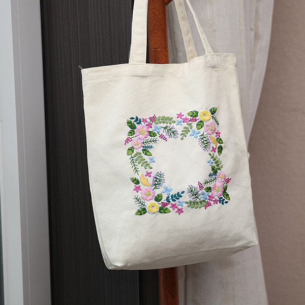 

PandaHall DIY Flower Frame Pattern Tote Bag Embroidery Kit, including Embroidery Needles & Thread, Cotton Fabric, Plastic Embroidery Hoop..., White