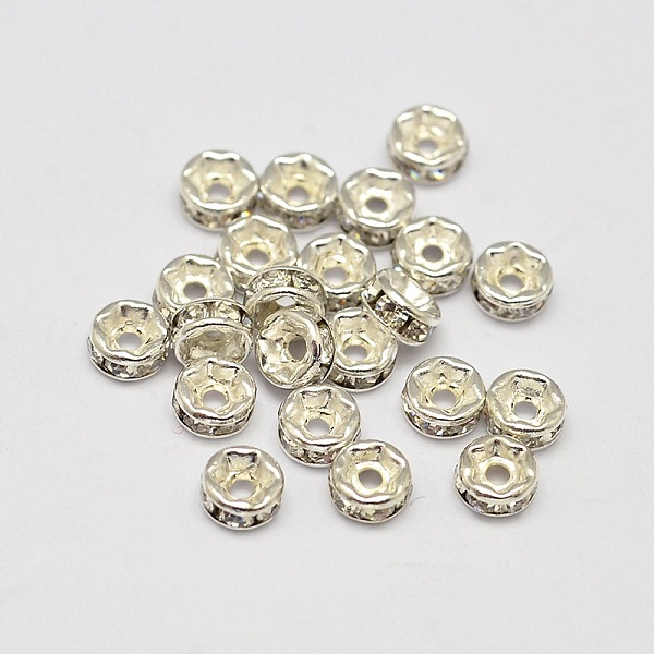 

PandaHall Rack Plating Brass Rhinestone Bead Spacers, Rondelle, Silver Color Plated, 4x2mm, Hole: 1mm Brass+Rhinestone Rondelle Clear