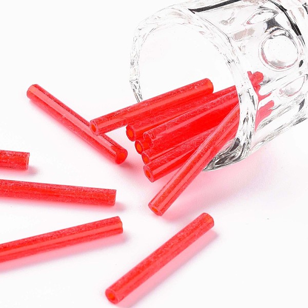 

PandaHall Glass Bugle Beads, Round Hole, Opaque Colours, Crimson, 28x3mm, Hole: 1.2mm, about 850pcs/pound Glass Pink