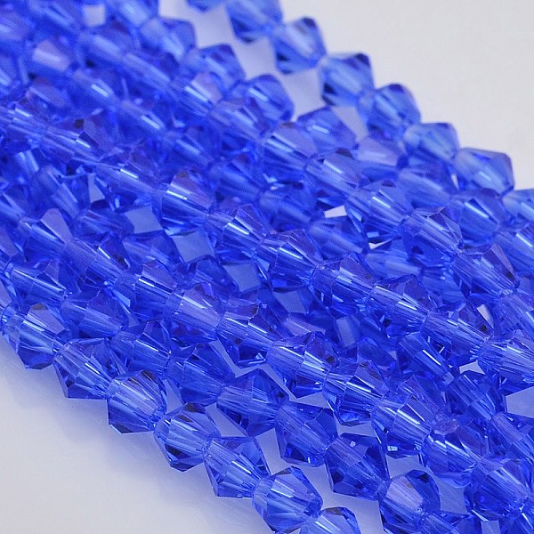 

PandaHall Faceted Bicone Glass Beads Strands, Royal Blue, 3.5x3mm, Hole: 1mm, about 113~115pcs/strand, 36~36.5cm Glass Bicone Blue