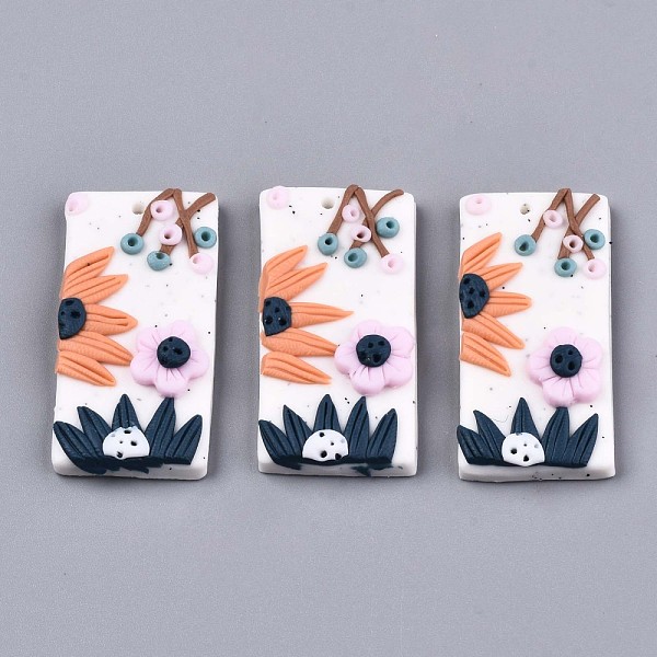 

PandaHall Handmade Polymer Clay Pendants, Rectangle with Flower, Floral White, 36~37x19x7mm, Hole: 1.6mm Polymer Clay Rectangle