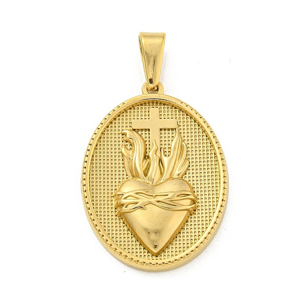 

PandaHall Ion Plating(IP) 304 Stainless Steel Pendants, Oval with Heart Charm, Golden, 35.5x26x4mm, Hole: 9.5x5mm 304 Stainless Steel Oval