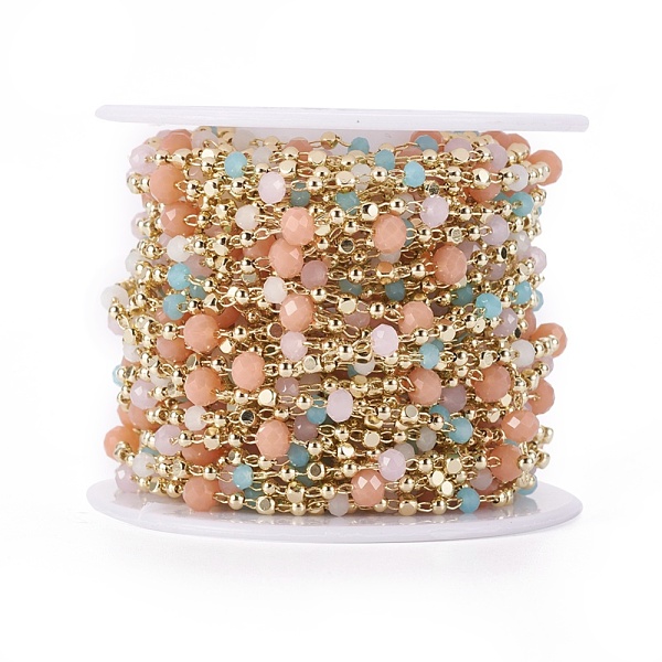 

PandaHall Handmade Glass Beaded Chains, Soldered, with Brass Chains and Beads, Long-Lasting Plated, with Spool, Faceted Rondelle, Real 18K...