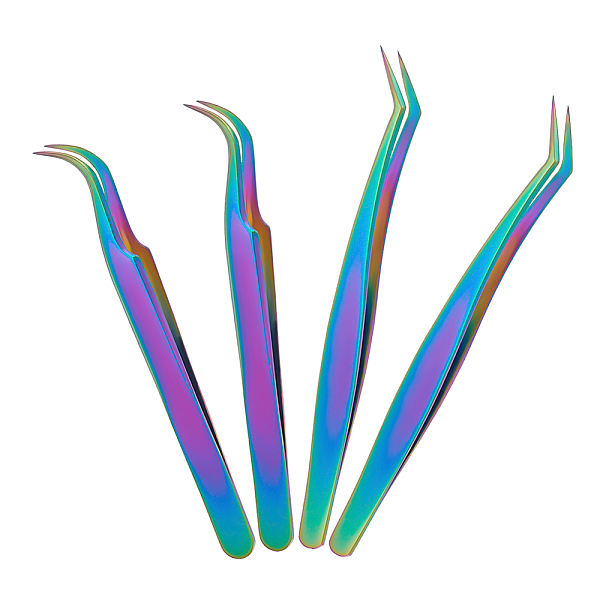 PandaHall Unicraftale 4Pcs 2 Style 430 Stainless Steel Eyelash Tweezers Clips, Makeup Tools, Rainbow Color, 116~131x9mm, 2pcs/style 430...