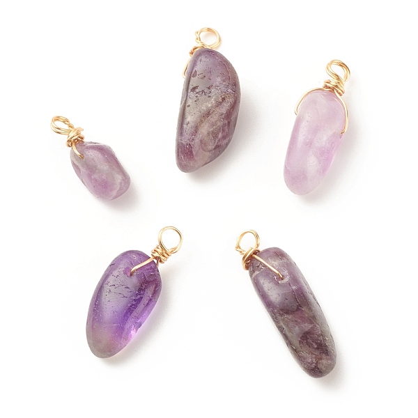 

PandaHall Natural Amethyst Pendants, Twisted with Golden Tone Copper Wire, Chip, 17~29x8~10x5.5~9mm, Hole: 2.5~3.2mm Amethyst Chip