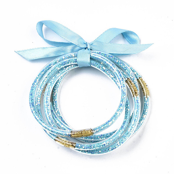 

PandaHall PVC Plastic Buddhist Bangle Sets, Jelly Bangles, with Paillette/Sequins and Polyester Ribbon, Deep Sky Blue, 2-1/2 inch(6.5cm)...