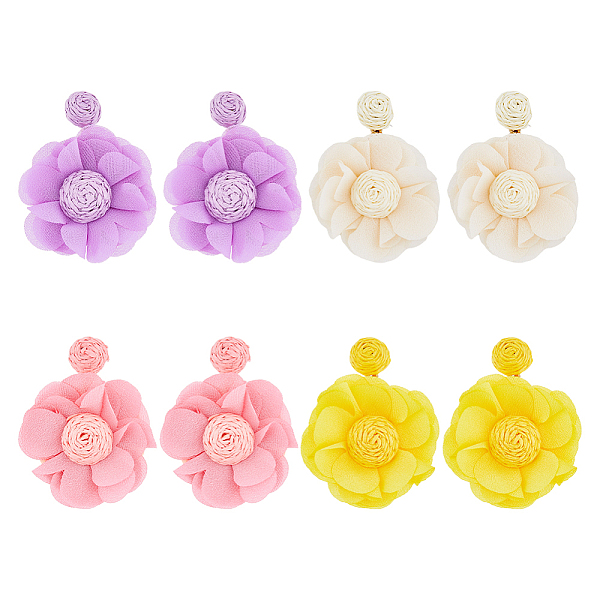 

PandaHall FIBLOOM 4 Pairs 4 Colors Bohemian Style Raffia Flower Dangle Stud Earrings with Iron Pins, Mixed Color, 65mm, 1 pair/color Raffia..., Multicolor