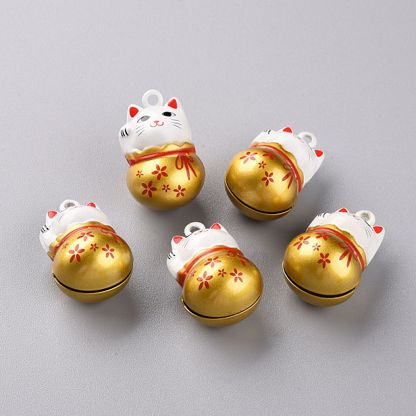 

PandaHall Baking Painted Brass Bell Pendants, Maneki Neko/Beckoning Cat, Goldenrod, 26.5x17x16mm, Hole: 2mm Brass Cat Shape Gold