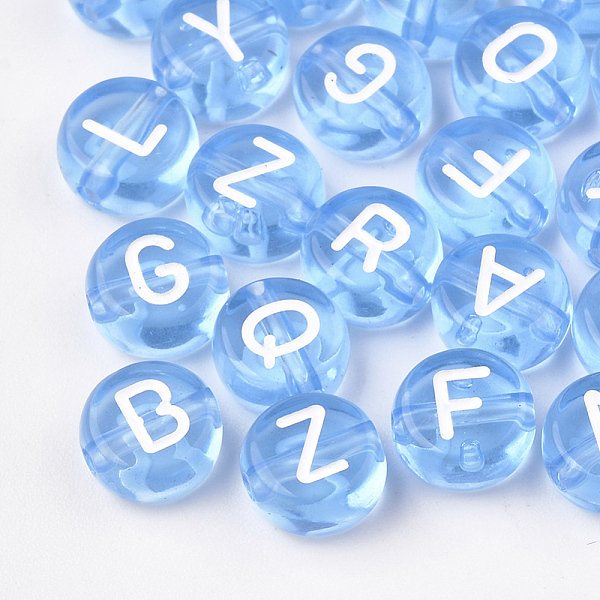

PandaHall Transparent Acrylic Beads, Horizontal Hole, Mixed Letters, Flat Round, Cornflower Blue, 7x4mm, Hole: 1.5mm, about 370pcs/50g...