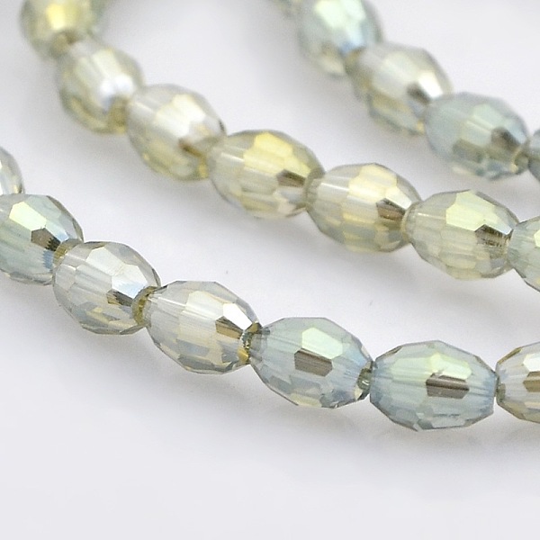

PandaHall Full Rainbow Plated Glass Faceted Rice Beads Strands, Khaki, 6x4mm, Hole: 1mm, about 72pcs/strand, 16 inch Glass Rice Yellow