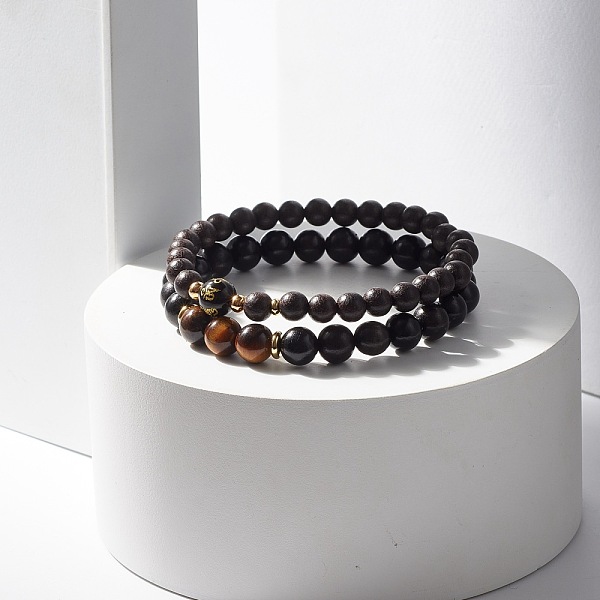 

PandaHall Wood & Tiger Eye Beaded Stretch Bracelet Sets, Om Mani Padme Hum Obsidian Stackable Bracelets for Women or Men, Coconut Brown...