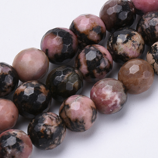 PandaHall Natural Rhodonite Beads Strands, Faceted, Round, 8mm, Hole: 1.2mm, about 45pcs/strand, 15.3 inch Rhodonite Round