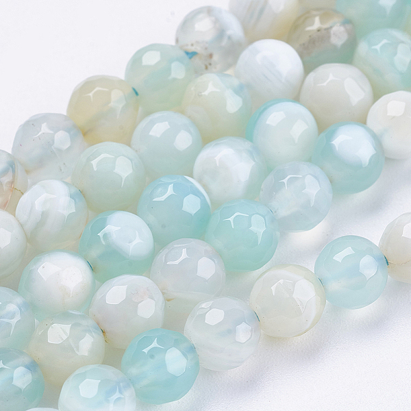 

PandaHall Natural Striped Agate/Banded Agate Beads Strands, Round, Faceted, Dyed, Azure, 6mm, Hole: 1mm, about 62pcs/strand, 14.5 inch(37cm)..., Blue