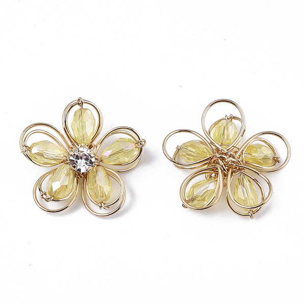 

PandaHall Handmade Wire Wrapped Pendants, with Faceted Glass Beads, Crystal Rhinestone and Light Gold Plated Brass Wire, Flower, Light..., Yellow