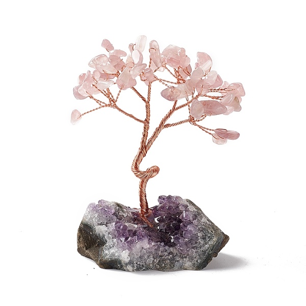 

PandaHall Natural Rose Quartz Tree Display Decoration, Druzy Amethyst Base Feng Shui Ornament for Wealth, Luck, Rose Gold Brass Wires...