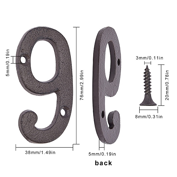 

PandaHall Iron Home Address Number, with 2pcs Screw, Num.9, Num.9: 76x38x5mm, Hole: 5mm Iron Number