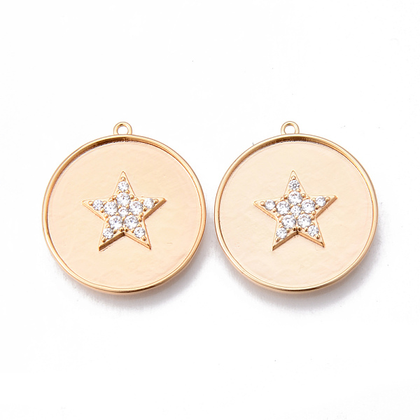 

PandaHall Brass Micro Pave Clear Cubic Zirconia Pendants, Nickel Free, Flat Round with Star, Real 16K Gold Plated, 25x22x2.5mm, Hole: 1.2mm...