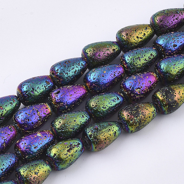 PandaHall Electroplated Natural Lava Rock Beads Strands, Bumpy, Teardrop, Multi-color Plated, 11~12x7.5~8mm, Hole: 1mm, about 33pcs/strand...