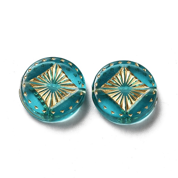 

PandaHall Transparent Plating Acrylic Beads, Golden Metal Enlaced, Flat Round, Teal, 15~15.5x4.5mm, Hole: 1.5~1.8mm, about 606pcs/500g..., Cyan