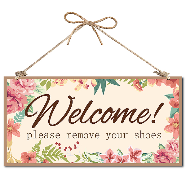PandaHall Printed Wood Hanging Wall Decorations, for Front Door Home Decoration, with Jute Twine, Rectangle with Word, BurlyWood...