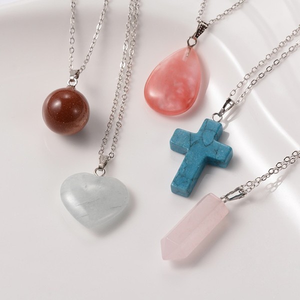 

PandaHall Natural & Synthetic Mixed Stone Pendant Necklaces, with Brass Chains and Spring Ring Clasps, Mixed Color, 18 inch Mixed Stone