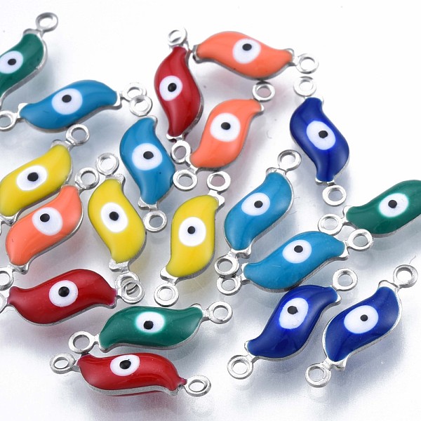 

PandaHall 304 Stainless Steel Enamel Connector Charms, Stainless Steel Color, Leaf with Evil Eye, Mixed Color, 16x5x3mm, Hole: 1.2mm 304..., Multicolor