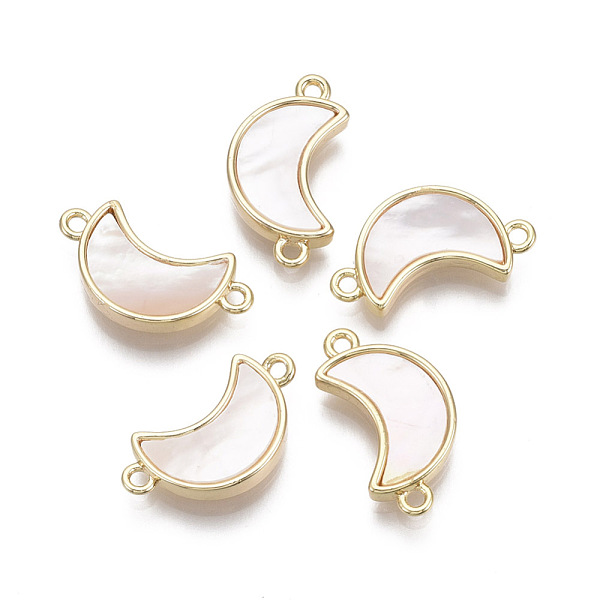 

PandaHall Brass Links, with Freshwater Shell, Nickel Free, Real 18K Gold Plated, Moon, Seashell Color, 18~19x10x3mm, Hole: 1.2mm Brass+Shell...