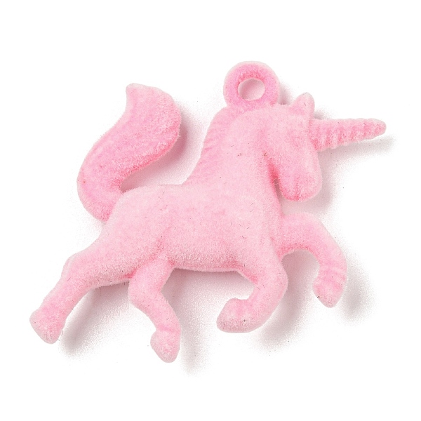 PandaHall Flocky Resin Pendants, Unicorn Charms, Pink, 33x41x9.5mm, Hole: 3mm Resin Unicorn Pink