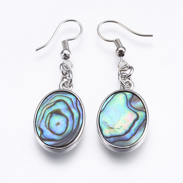 

PandaHall Abalone Shell/Paua Shell Dangle Earrings, with Brass Findings, Oval, Platinum, 48mm, Pin: 0.7mm Shell