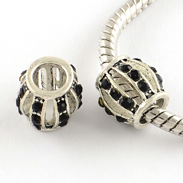 

PandaHall Hollow Rondelle Antique Silver Plated Alloy Rhinestone European Beads, Large Hole Beads, Jet, 10~11x9.5mm, Hole: 5mm..., Black