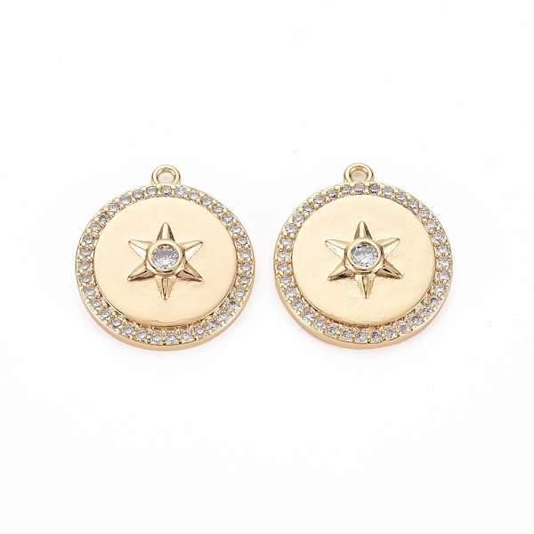 

PandaHall Brass Micro Pave Cubic Zirconia Pendants, Nickel Free, Flat Round with Hexagram, Clear, Real 18K Gold Plated, 19x17x3mm, Hole...