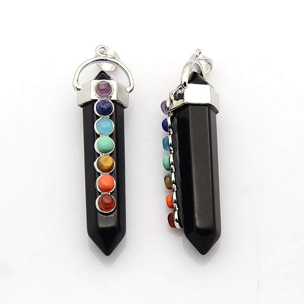 

PandaHall Yoga Chakra Jewelry Platinum Plated Brass Gemstone Double Terminated Pointed Big Pendants, Black Agate, 58x17x16mm, Hole: 7x6mm...