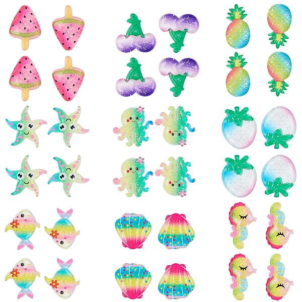 

PandaHall Resin Cabochons, with Glitter Powder, Watermelon, Grape, Pineapple, Peach, Starfish, Shell, Fish, Octopus, Sea Horse, Mixed Color..., Multicolor