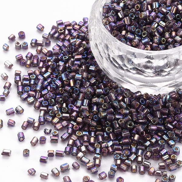 

PandaHall Glass Bugle Beads, Silver Lined Colours Rainbow, Medium Purple, 2.5~3x2mm, Hole: 0.9mm, about 15000pcs/pound Glass