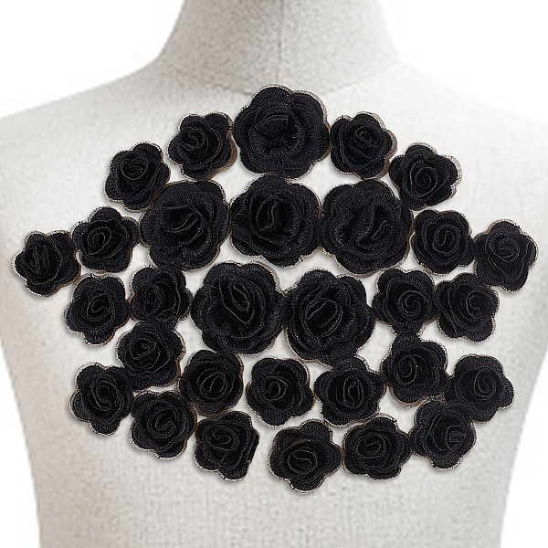 PandaHall 3D Rose Flower Polyester Computerized Embroidered Ornament Accessories, for Costume, Hat, Bag, Black, 42x10mm and 28x11mm...