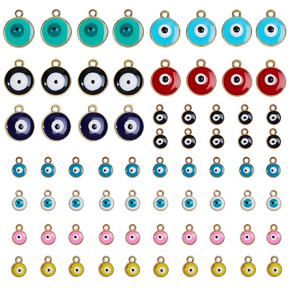 

PandaHall Light Gold Plated Alloy Charms, with Enamel, Flat Round with Evil Eye, Mixed Color, 70pcs/box Alloy+Enamel Evil Eye Multicolor