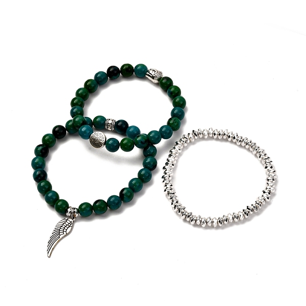 

PandaHall Synthetic Chrysocolla & Non-magnetic Hematite Stretch Bracelets Set for Men Women Gift, with Buddha Head & Wing Alloy Charm &..., Multicolor