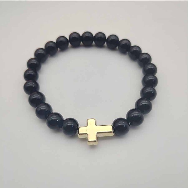 

PandaHall Round Natural Lava Rock Beaded Stretch Bracelets, Golden Tone Cross Bracelets for Women Men Lava Rock