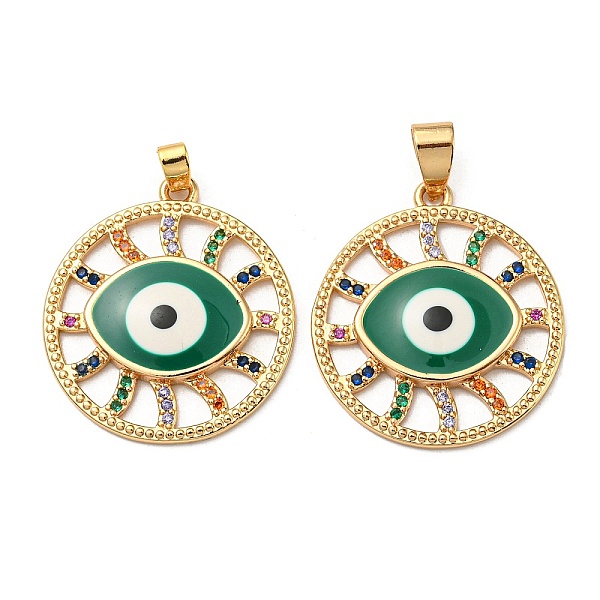 

PandaHall Real 18K Gold Plated Brass Pendants, with Cubic Zirconia and Enamel, Flat Round with Evil Eye Charms, Green, 26x23.5x3mm, Hole...