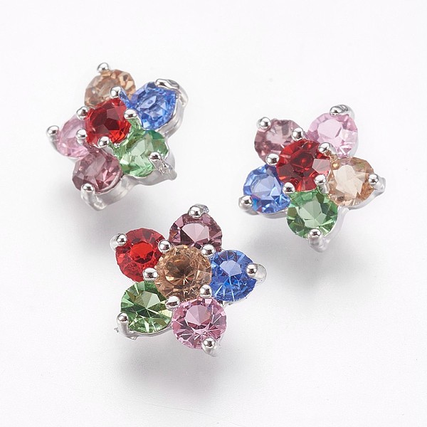 

PandaHall Brass Cubic Zirconia Shank Buttons, Flower, Colorful, Platinum, 12x12x7.5mm, Hole: 1.2mm Brass Flower