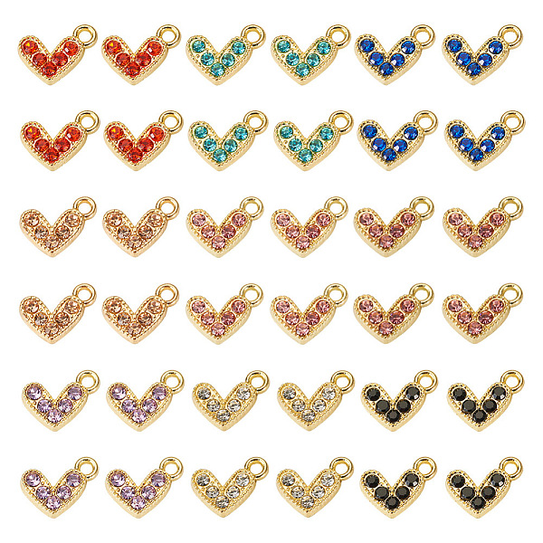 

PandaHall 36pcs 9 colors Alloy Pendants, with Rhinestone, Heart Charms, Golden, Mixed Color, 7x10x2mm, Hole: 1.5mm, 4pcs/color..., Multicolor