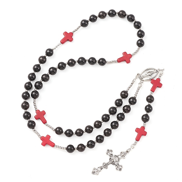 

PandaHall Synthetic Turquoise & Wood Rosary Bead Necklace, Alloy Cross & Virgin Mary Pendant Necklace for Religion, Red, 25.98 inch(66cm)...